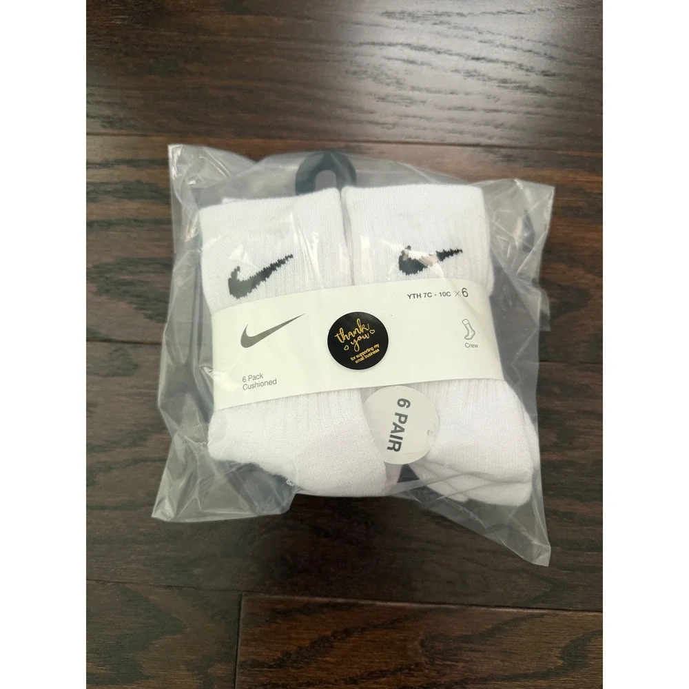 Nike Kids 6 Pack Everyday Cushioned Crew Socks White RN0373-001 Size 7C-10C XXS